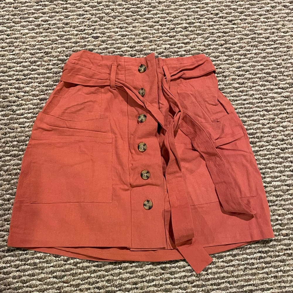 coral skirt with buttons and tie